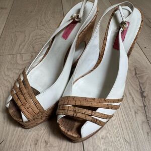 Betsey Johnson White and Tan Wedge Sandals